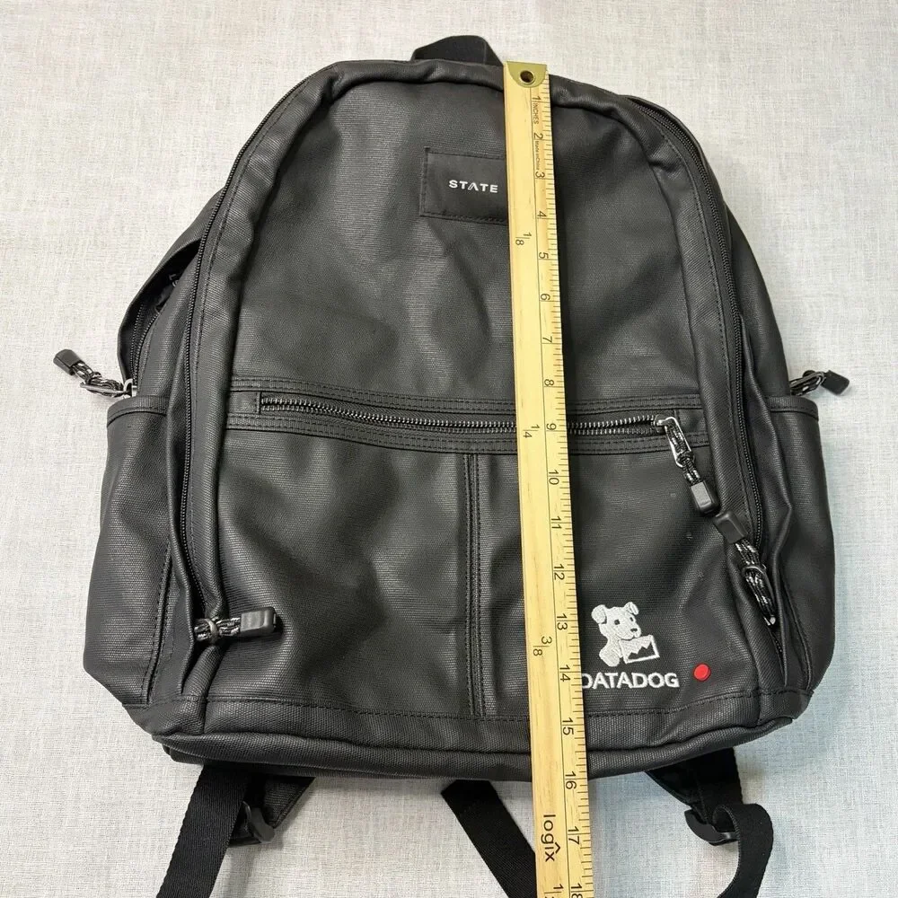 STATE Black Brand Laptop Double Pocket Backpack Datadog Branding 16” x 14” EUC